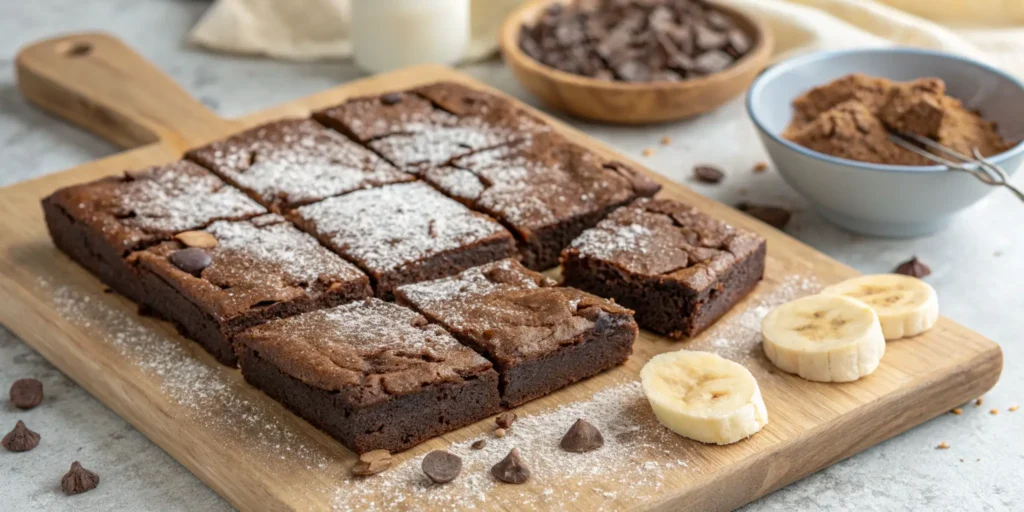 Fudgy banana brownies with a crackly top, presented on a wooden board with powdered sugar and banana slices