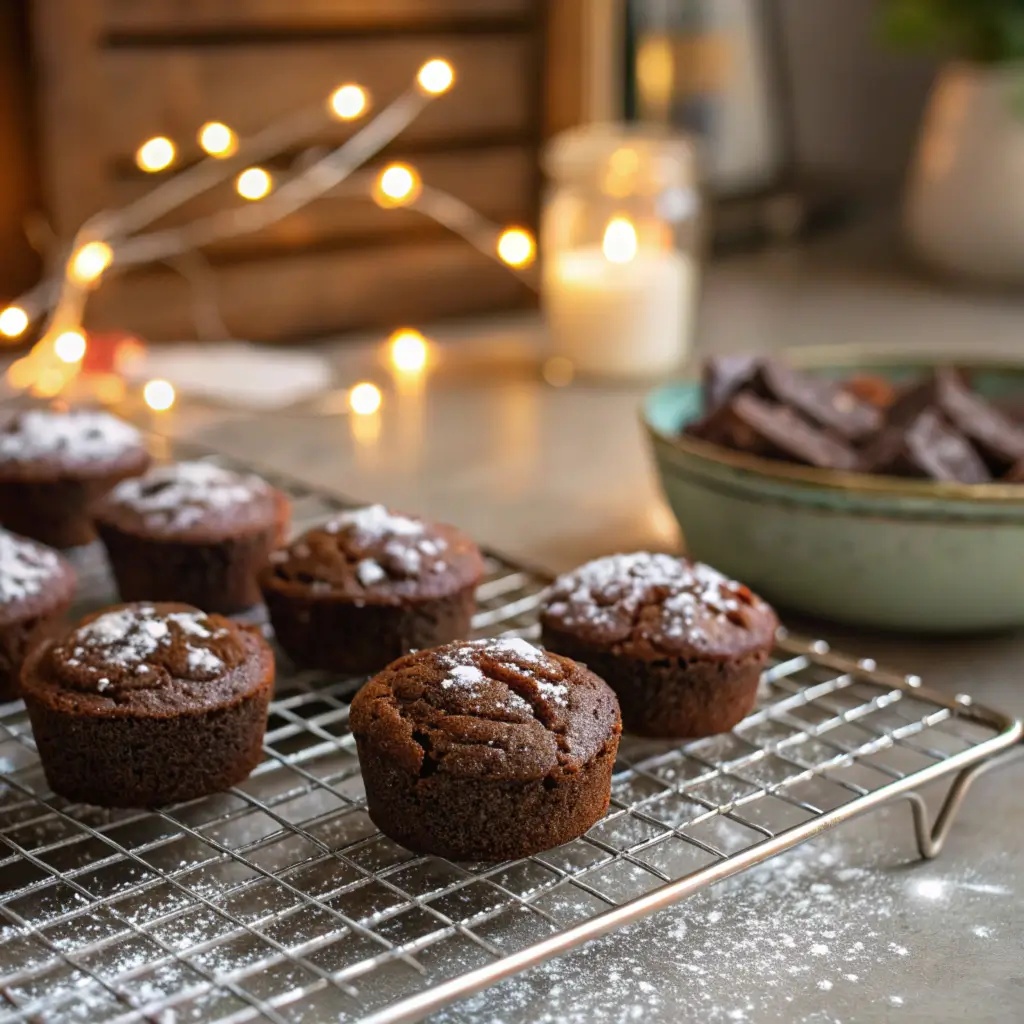 A plate of rich, fudgy brownie bites topped with powdered sugar and chocolate drizzle, styled on a cozy kitchen table with warm lighting