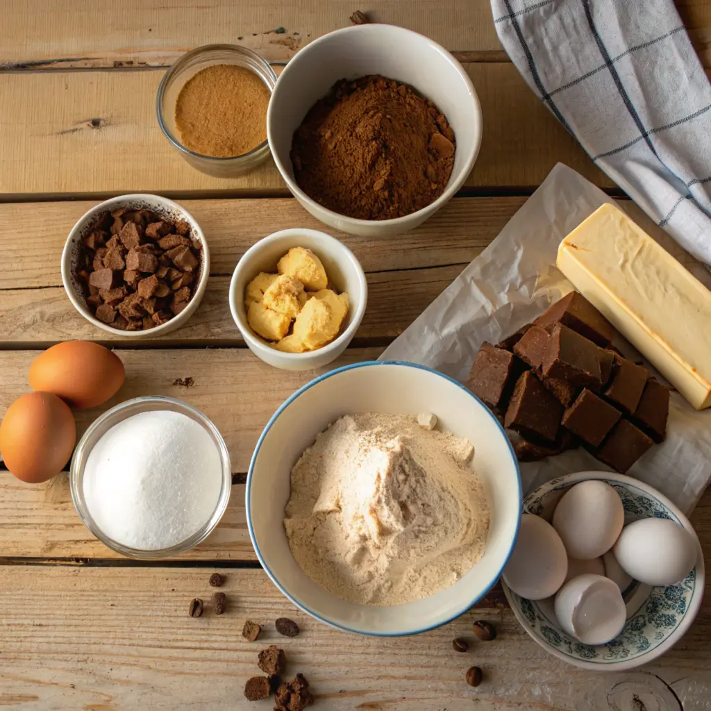 Flat-lay of peanut butter brownie ingredients, including cocoa powder, peanut butter, flour, sugar, eggs, and butter, arranged on a rustic table