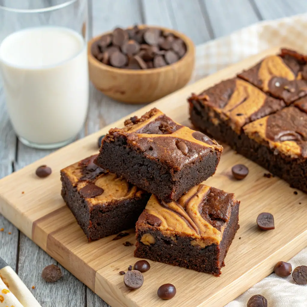 Peanut butter brownies on a rustic wooden table, showing fudgy chocolate layers with golden peanut butter swirls, surrounded by baking tools