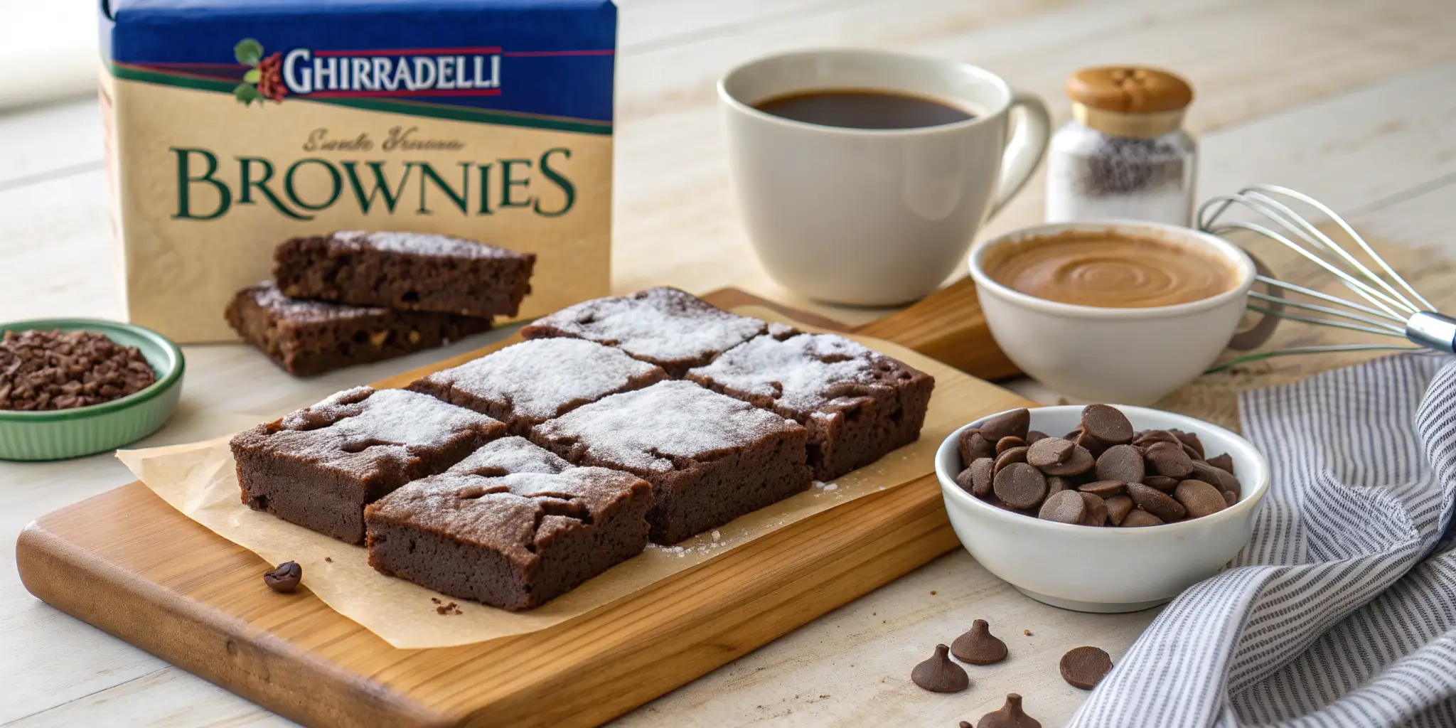 Freshly baked Ghirardelli brownies on a wooden cutting board with ingredients like brownie mix, chocolate chips, and a whisk in a cozy kitchen setting