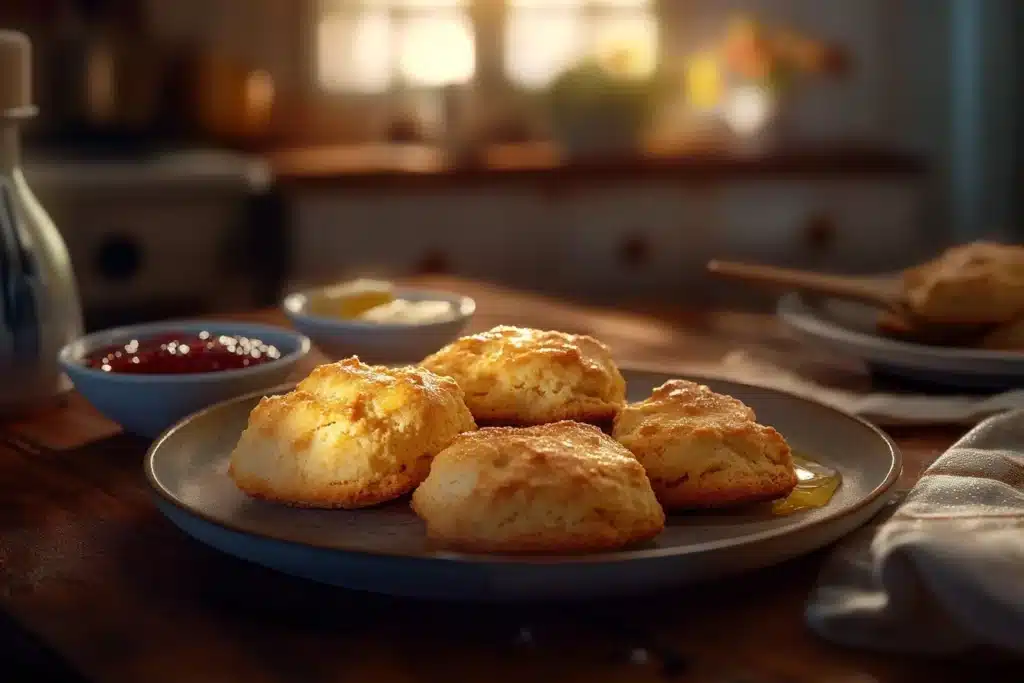 A plate of golden Bisquick biscuits surrounded by butter, honey, and jam on a rustic wooden table with a cozy kitchen background