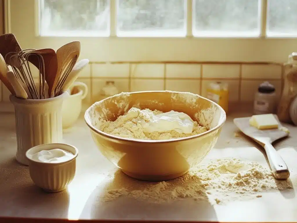 Mixing bowl with Bisquick mix, sour cream, and a spatula on a floured kitchen counter