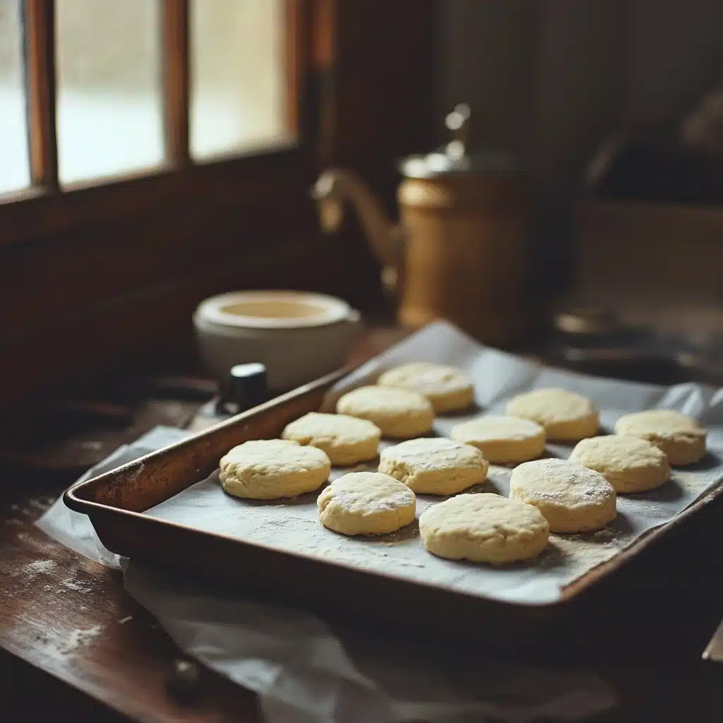 Close-up of biscuit dough rounds on a parchment-lined baking tray in a rustic kitchen