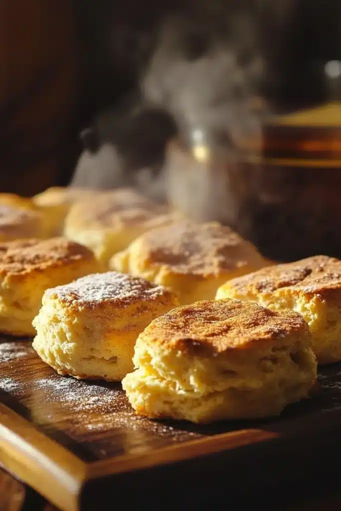 Close-up of fluffy, golden Bisquick biscuits sprinkled with cinnamon sugar, resting on a wooden tray with a drizzle of honey in the background