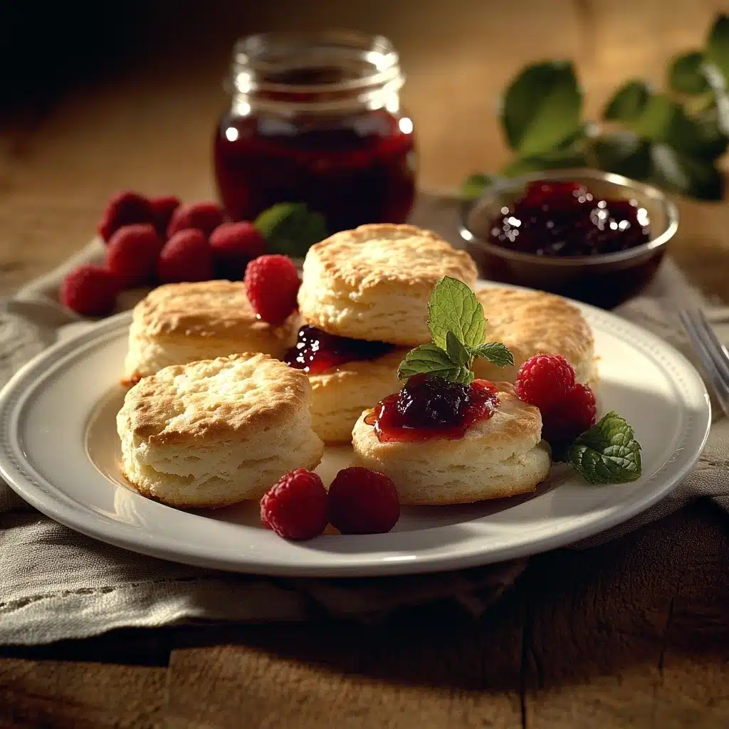 Sweet Bisquick biscuits filled with fruit preserves, arranged on a white plate, garnished with fresh berries and mint leaves on a rustic tablecloth