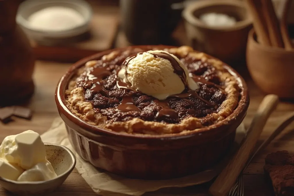 A freshly baked chocolate cobbler with a golden crust, rich chocolate sauce, and a scoop of melting vanilla ice cream, styled on a wooden table with scattered baking ingredients.