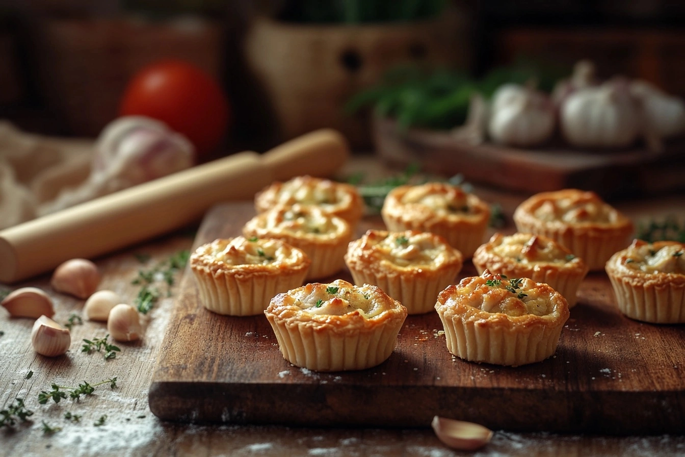 Golden, flaky mini chicken pot pies on a rustic wooden table with ingredients and soft lighting, showcasing the perfect blend of preparation and presentation