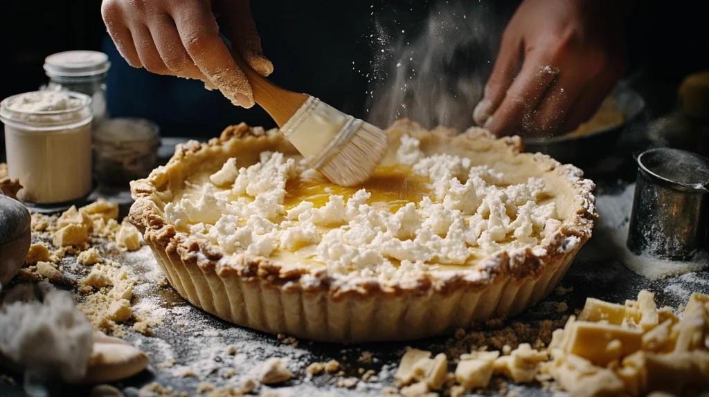 A baker brushing an egg wash onto the bottom of a golden pie crust, surrounded by ingredients like shredded cheese, bread crumbs, and crushed crackers