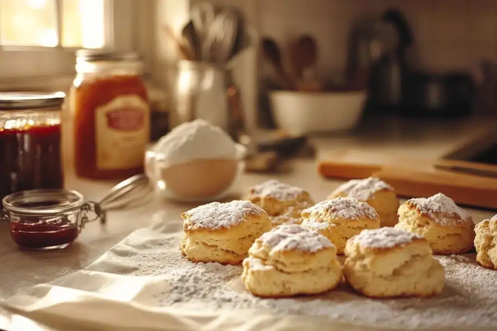 A bright kitchen counter with golden Bisquick biscuits topped with powdered sugar glaze, surrounded by baking ingredients like sugar, a whisk, and fruit preserves