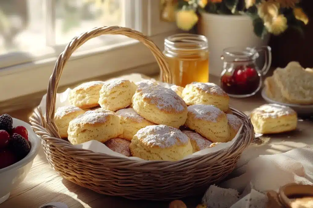 A breakfast table featuring a basket of golden Bisquick biscuits, some glazed, others with cinnamon sugar, surrounded by honey, fruit preserves, and fresh berries