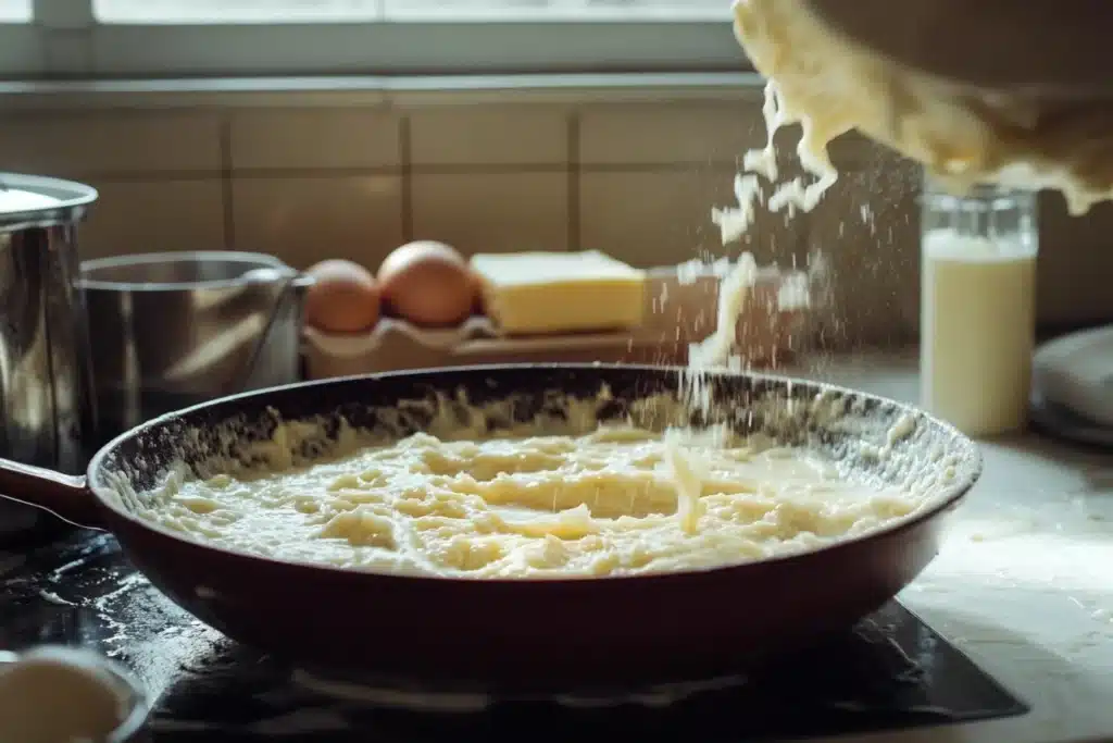 Bisquick pancake batter mixed with milk in a glass bowl, surrounded by fresh milk, eggs, and butter on a cozy kitchen counter