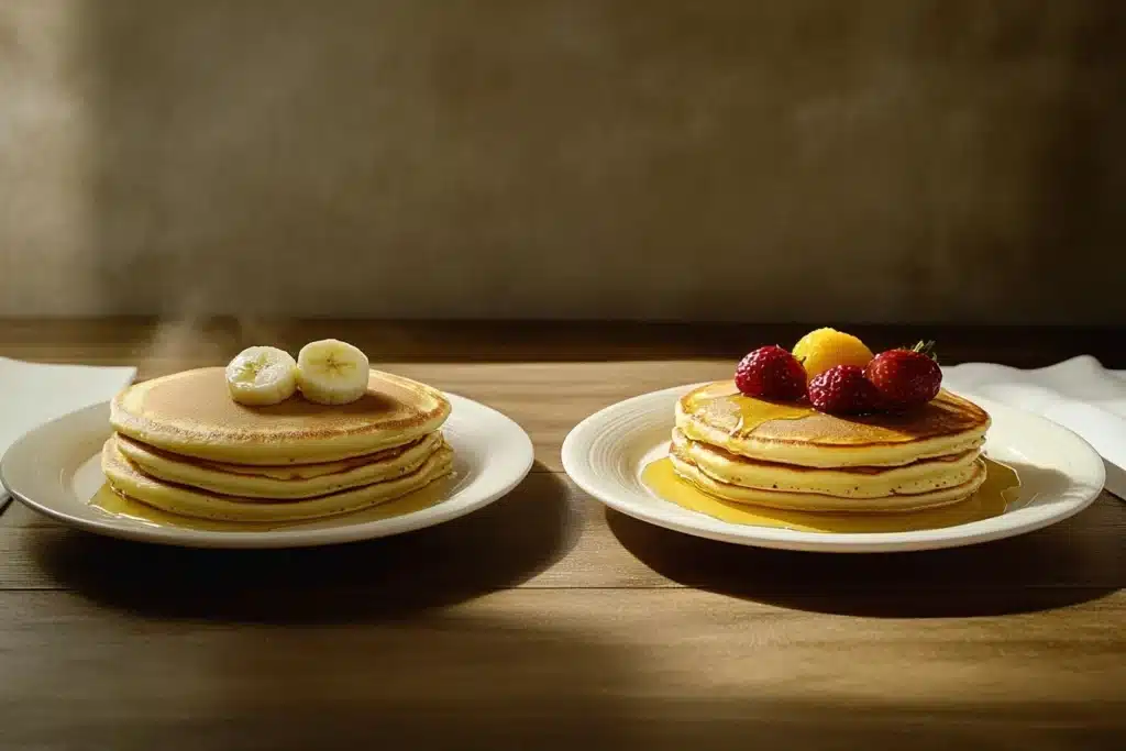 Two plates of pancakes, one made with water and one with milk, showing differences in color, texture, and fluffiness, topped with syrup and fruit