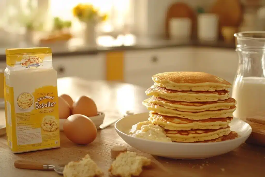 A Bisquick mix box with pancake batter, milk, water, eggs, and a whisk on a wooden countertop in a sunny kitchen