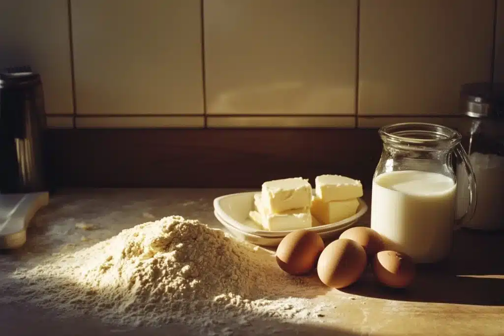 Essential ingredients for Bisquick biscuits: Bisquick mix, milk, butter, and eggs, ready for preparation