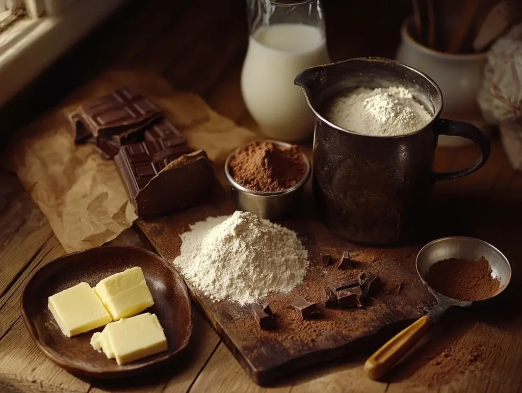 Ingredients for chocolate cobbler, including cocoa powder, sugar, flour, butter, milk, and a measuring cup, arranged on a rustic wooden kitchen counter