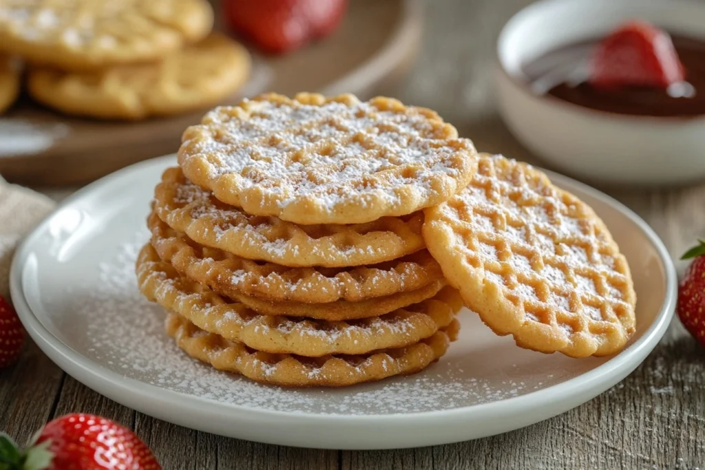 Golden-brown waffle cookies dusted with powdered sugar, styled on a white plate with strawberries and chocolate sauce, set on a rustic wooden table