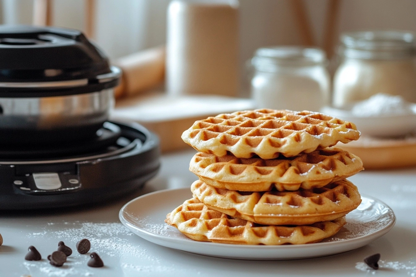 A bright and inviting image of a waffle maker with golden waffled cookies, surrounded by baking ingredients on a kitchen countertop. Perfect for showcasing creative baking ideas.