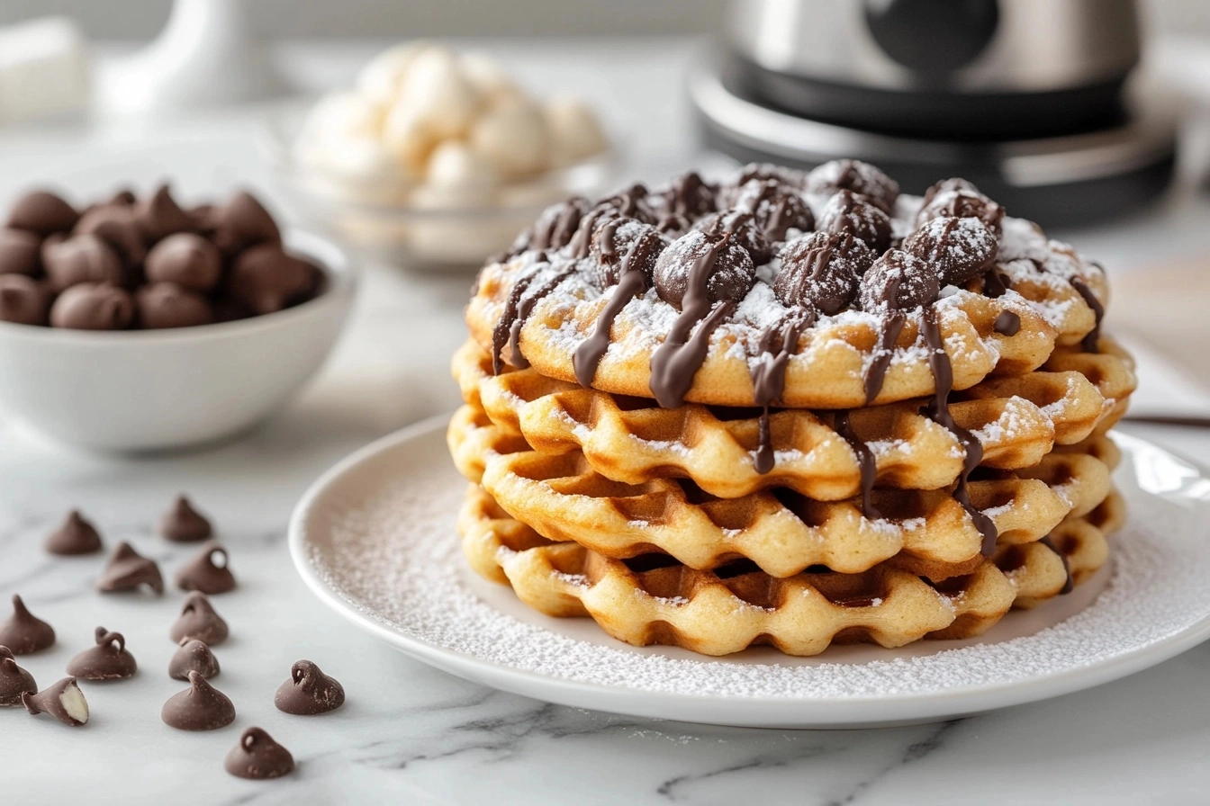 Freshly cooked waffled cookies stacked on a white plate, topped with chocolate drizzle and powdered sugar, with a waffle maker and cookie dough in the background on a marble countertop