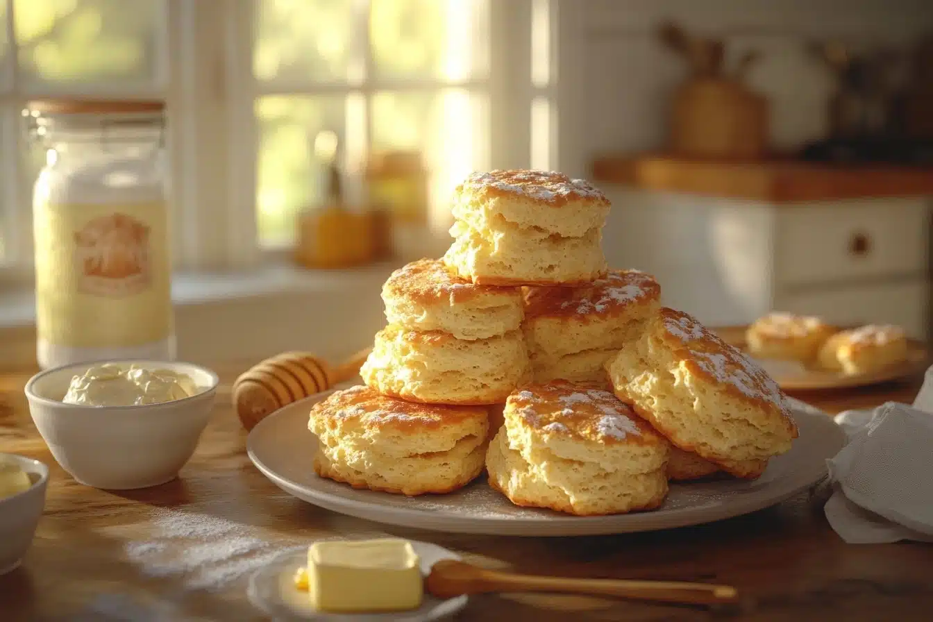 Stack of golden Bisquick sour cream biscuits on a plate surrounded by butter, sour cream, and honey in a cozy kitchen