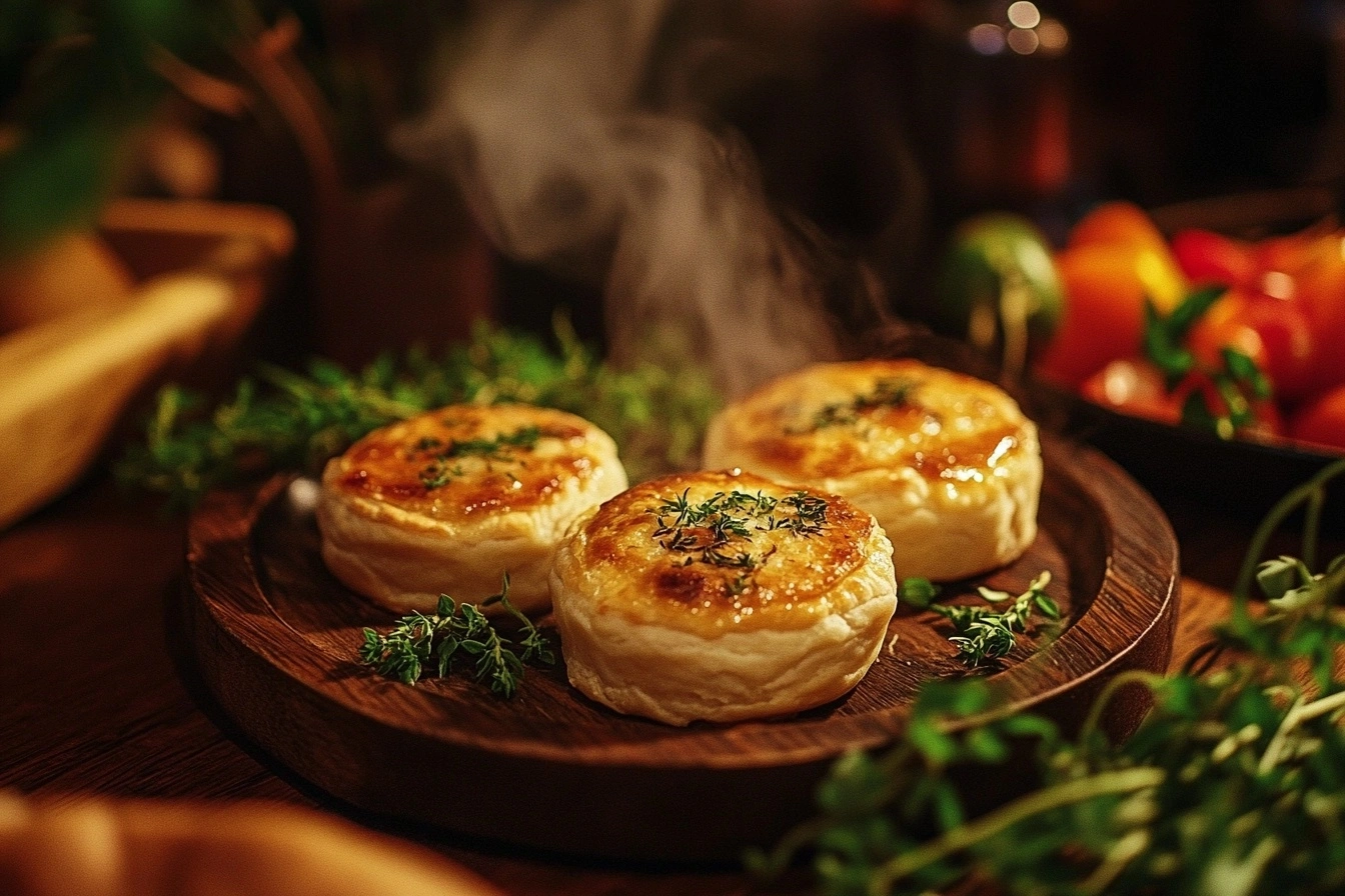 Golden-brown mini chicken pot pies served on a rustic wooden table, with steam rising, surrounded by fresh ingredients and soft natural lighting