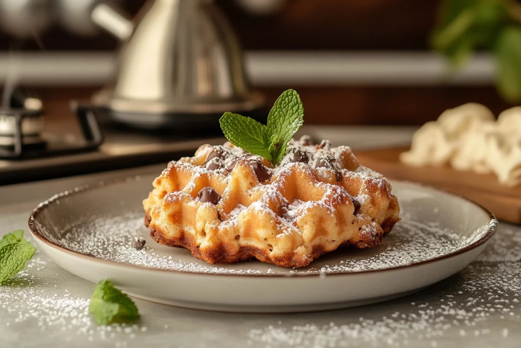 Golden-brown waffle cookie with chocolate chips, served on a stylish plate, with a waffle maker and cookie dough in the background for a cozy kitchen scene