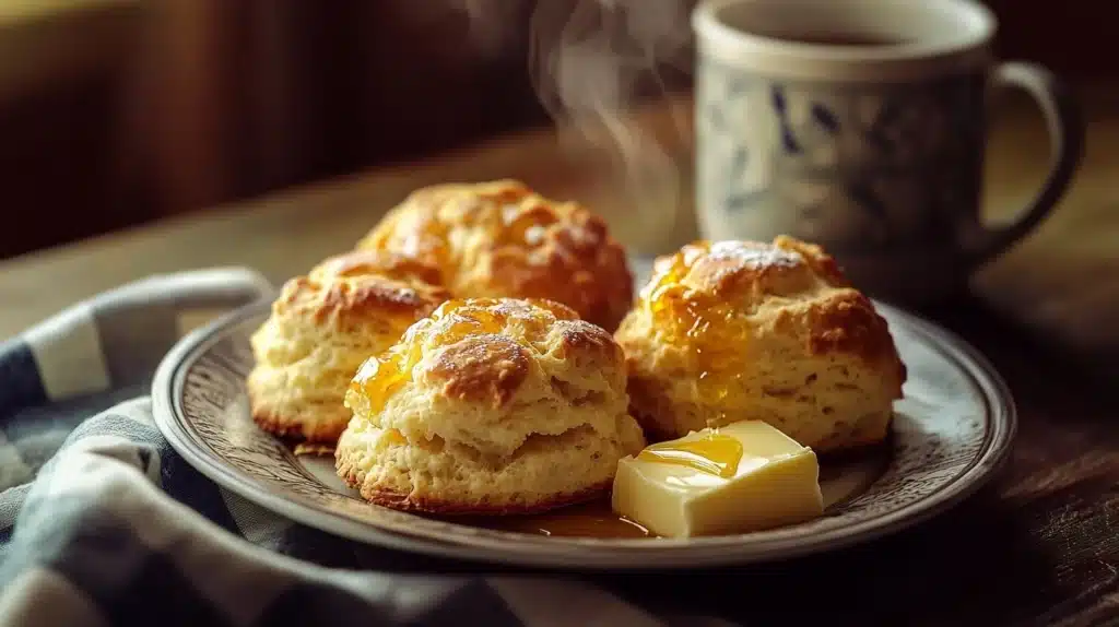 Plate of golden Bisquick sour cream biscuits served with butter and honey on a cozy table setting