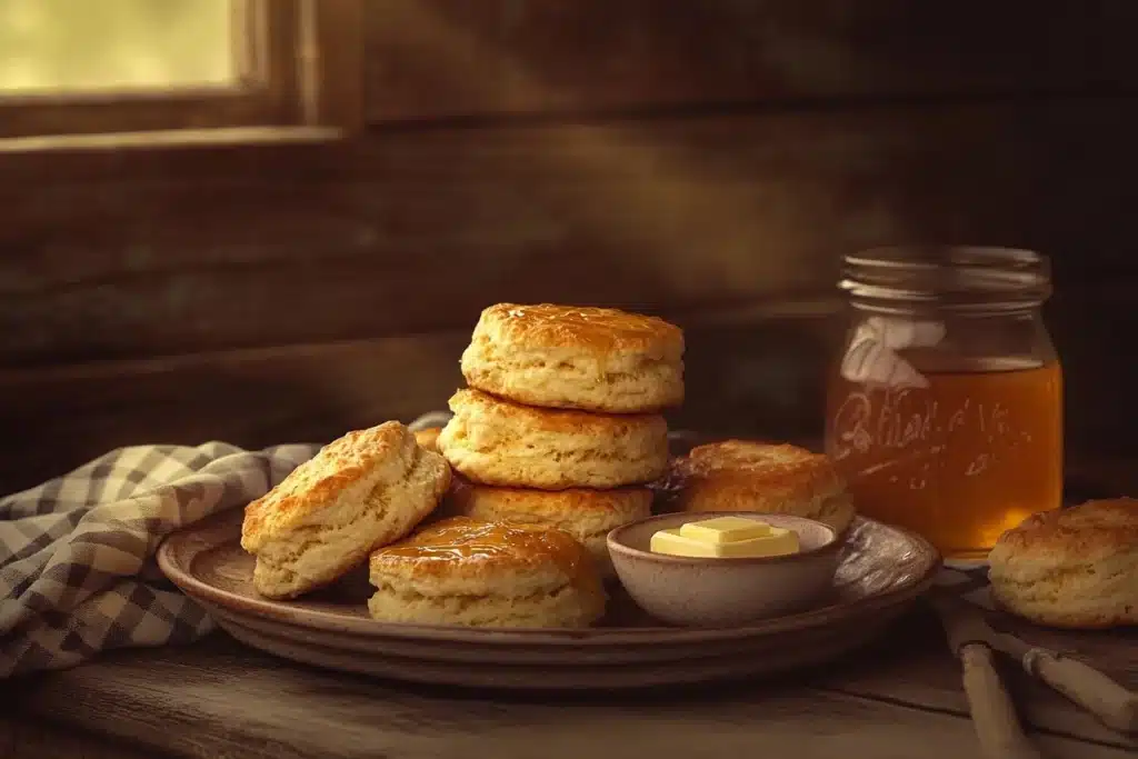 Freshly baked golden-brown Bisquick biscuits on a cooling rack, with steam rising and melted butter nearby in warm lighting