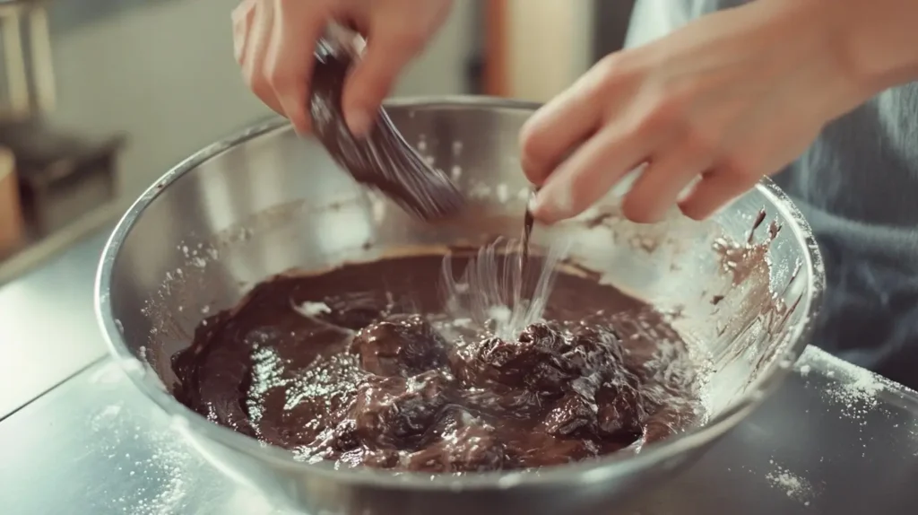 A baker’s hands mixing chocolate cobbler batter in a bowl, pouring it into a baking dish, and adding boiling water in a modern kitchen setting