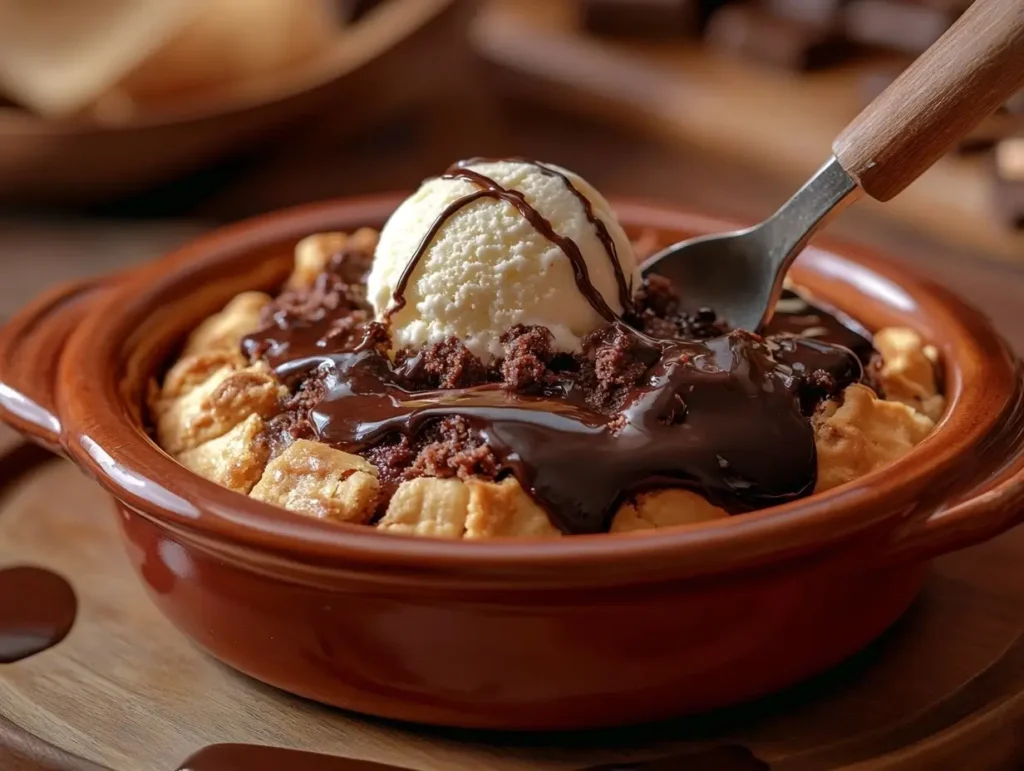 Freshly baked chocolate cobbler with a golden crust, gooey chocolate sauce, topped with melting vanilla ice cream and drizzled with chocolate syrup