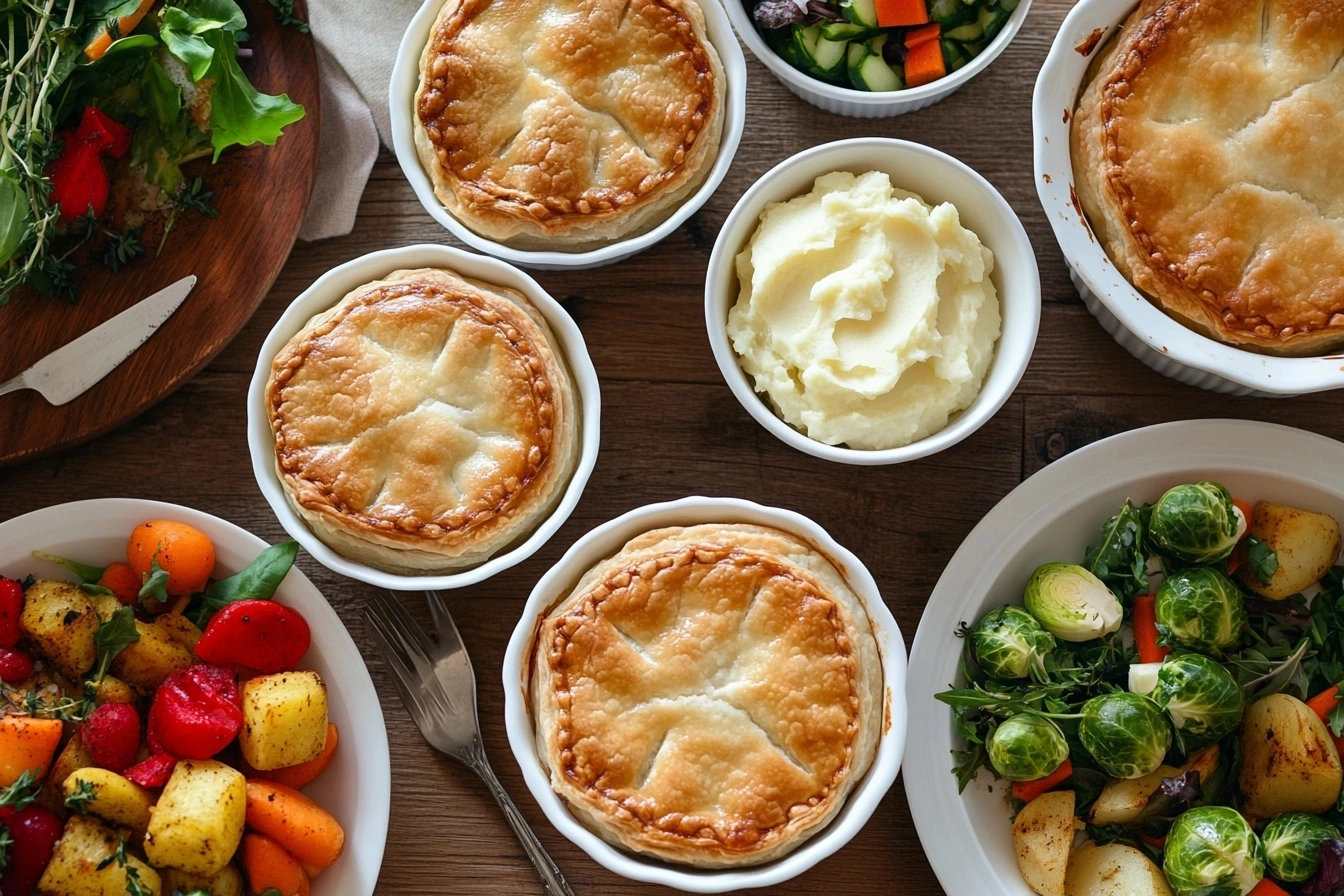 An inviting dinner table with mini chicken pot pies served in ramekins, paired with fresh salad, mashed potatoes, and roasted Brussels sprouts on a rustic table