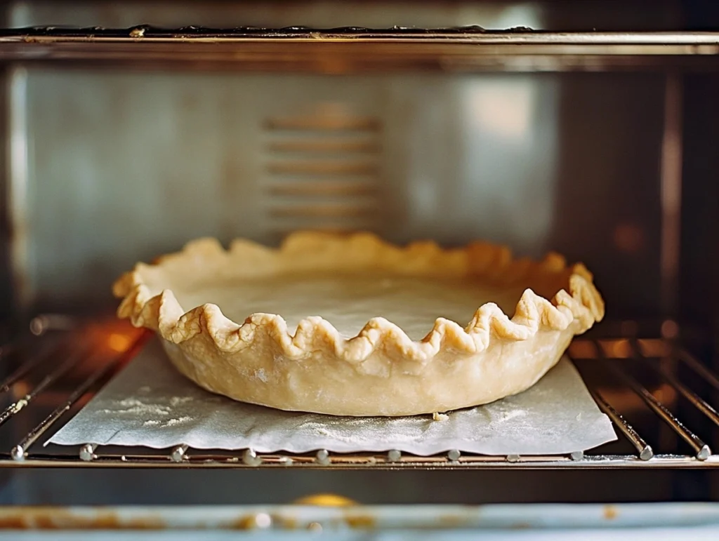 A close-up of a pie crust being blind baked in an oven, with pie weights evenly distributed over parchment paper, ensuring an even bake