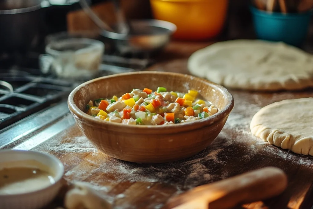 A vibrant kitchen scene with pre-cooked chicken pot pie filling cooling in a bowl, surrounded by fresh vegetables, creamy sauce, and rolled-out pie dough