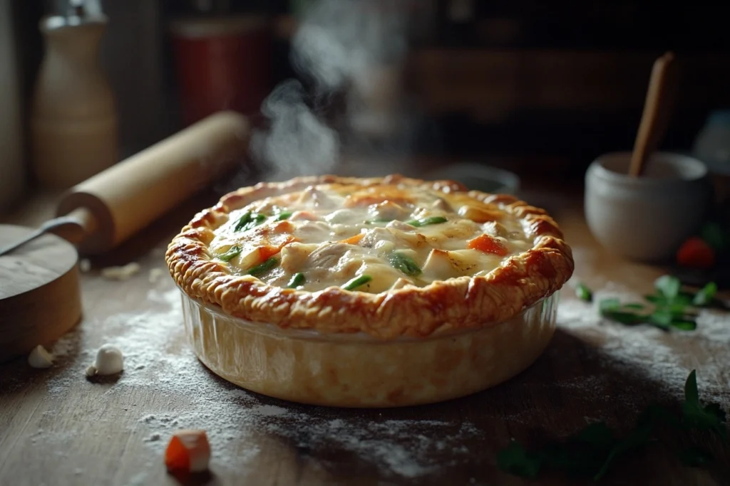 A golden, flaky chicken pot pie with steam rising, revealing creamy chicken and vegetable filling, set on a rustic wooden table with baking tools in the background