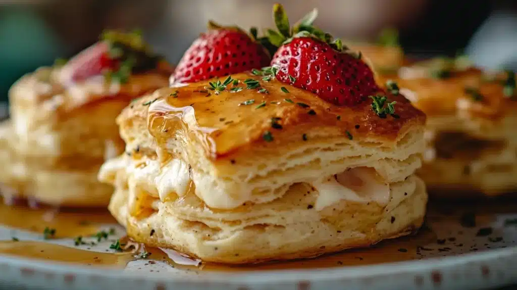 Bisquick biscuits topped with cheese, herbs, honey drizzle, and strawberries arranged beautifully on a plate