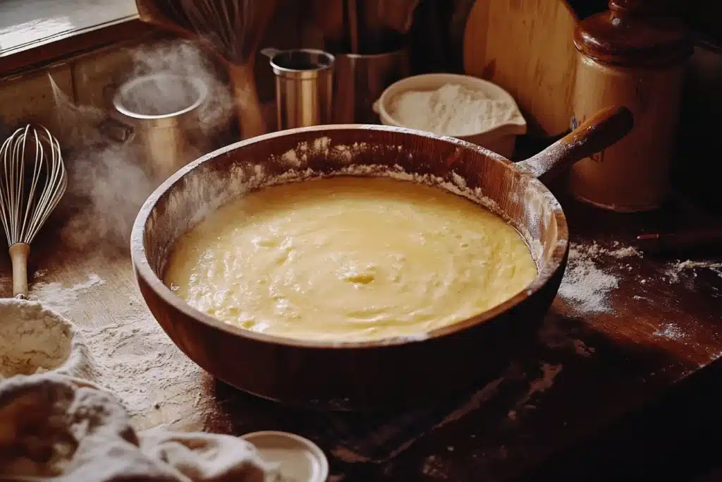 Pancake batter made with Bisquick and water in a rustic wooden bowl, surrounded by a whisk and measuring cups on a flour-dusted kitchen counter