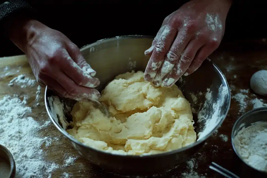 Gently mixing Bisquick biscuit dough to achieve the perfect soft and moist texture