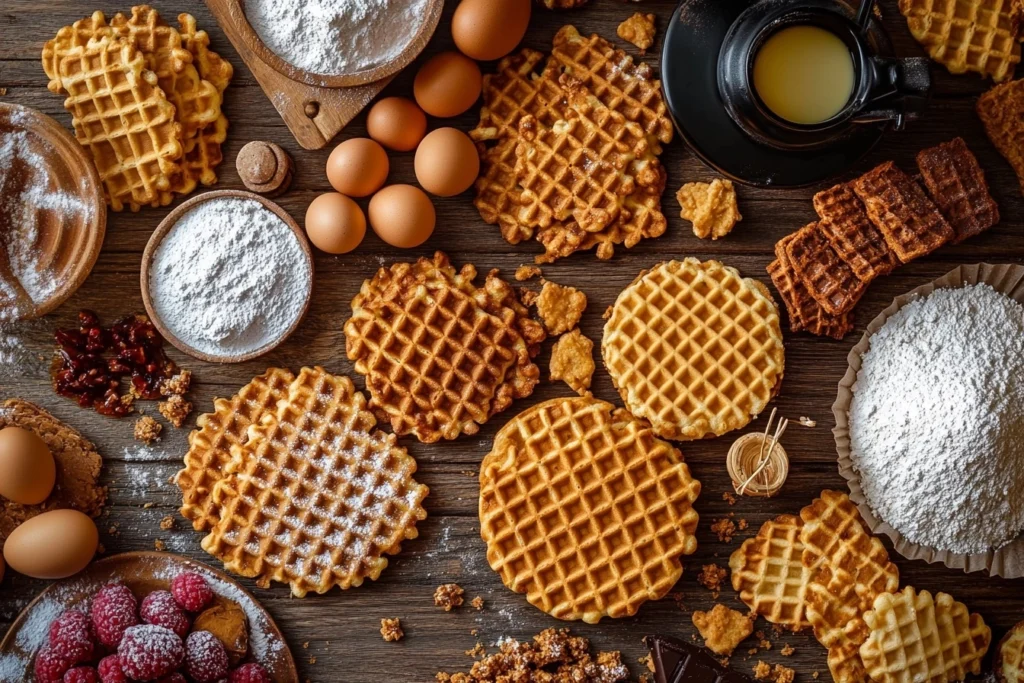 A visually appealing assortment of waffle cookies, including classic, stroopwafel, and chocolate variations, displayed with baking ingredients on a rustic table." This image will serve as a perfect first impression, engaging readers while highlighting the variety and appeal of waffle cookies