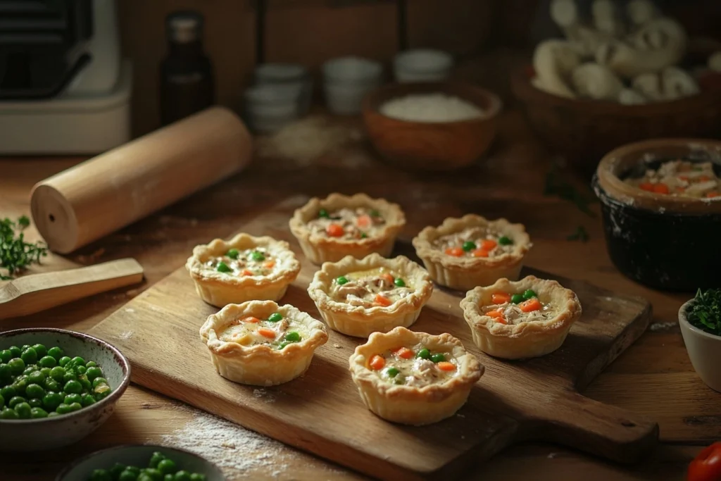 Golden, flaky mini chicken pot pies arranged on a wooden board in a rustic kitchen setting, surrounded by ingredients like peas and carrots, with baking tools in the background