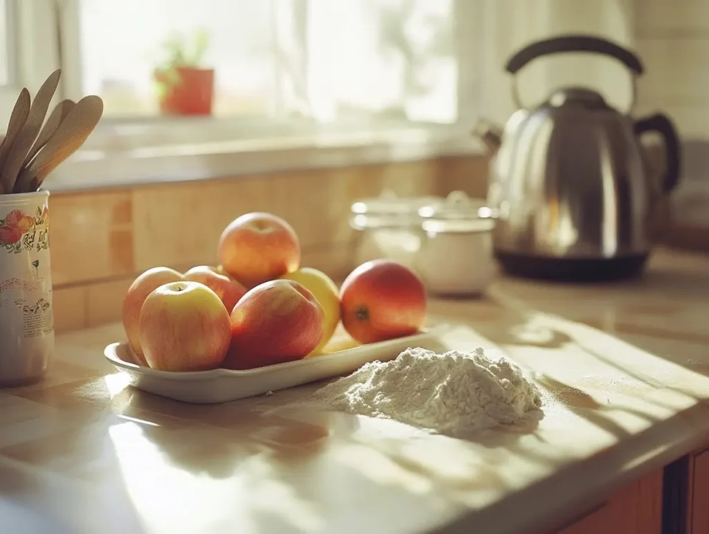 Neatly arranged ingredients for apple fritters on a clean kitchen countertop, including apples, flour, sugar, eggs, and cinnamon in a cozy setting