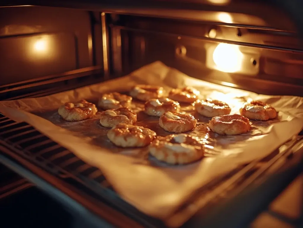 Apple fritters shaped on a parchment-lined tray, being placed into a glowing oven for baking