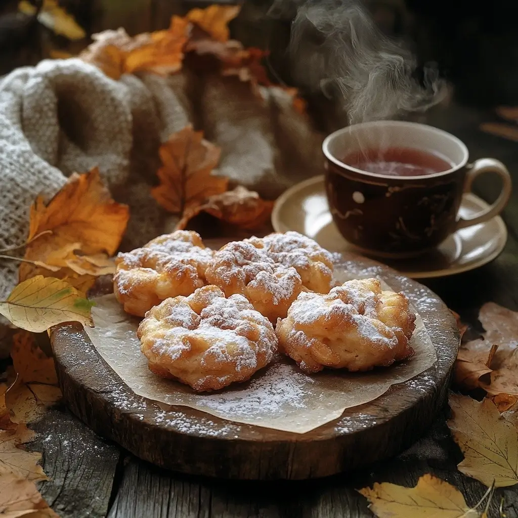 Freshly baked apple fritters on a wooden serving platter, dusted with powdered sugar, surrounded by tea and autumn decorations.