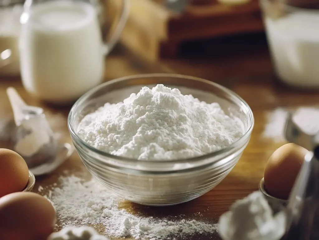 A glass bowl of fine white baking soda surrounded by eggs, flour, and milk on a wooden kitchen countertop, softly lit by natural light