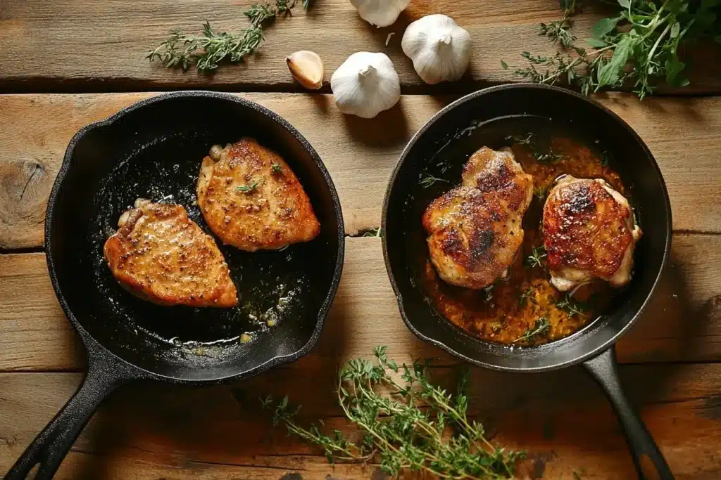 Side-by-side pans on a rustic countertop, one with chicken frying in butter and the other in oil, surrounded by fresh herbs, garlic, and a butter block