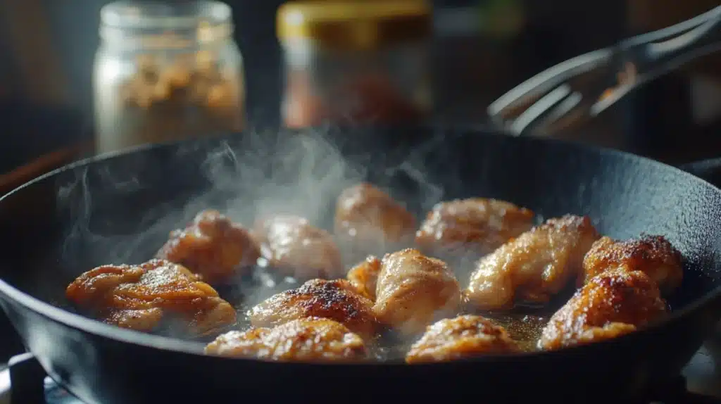 Golden, crispy chicken sizzling in a cast-iron skillet, surrounded by bubbling oil, tongs, and a jar of spices in a dramatic kitchen scene