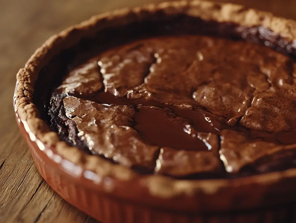 A step-by-step visual of pouring boiling water over the batter in a baking dish