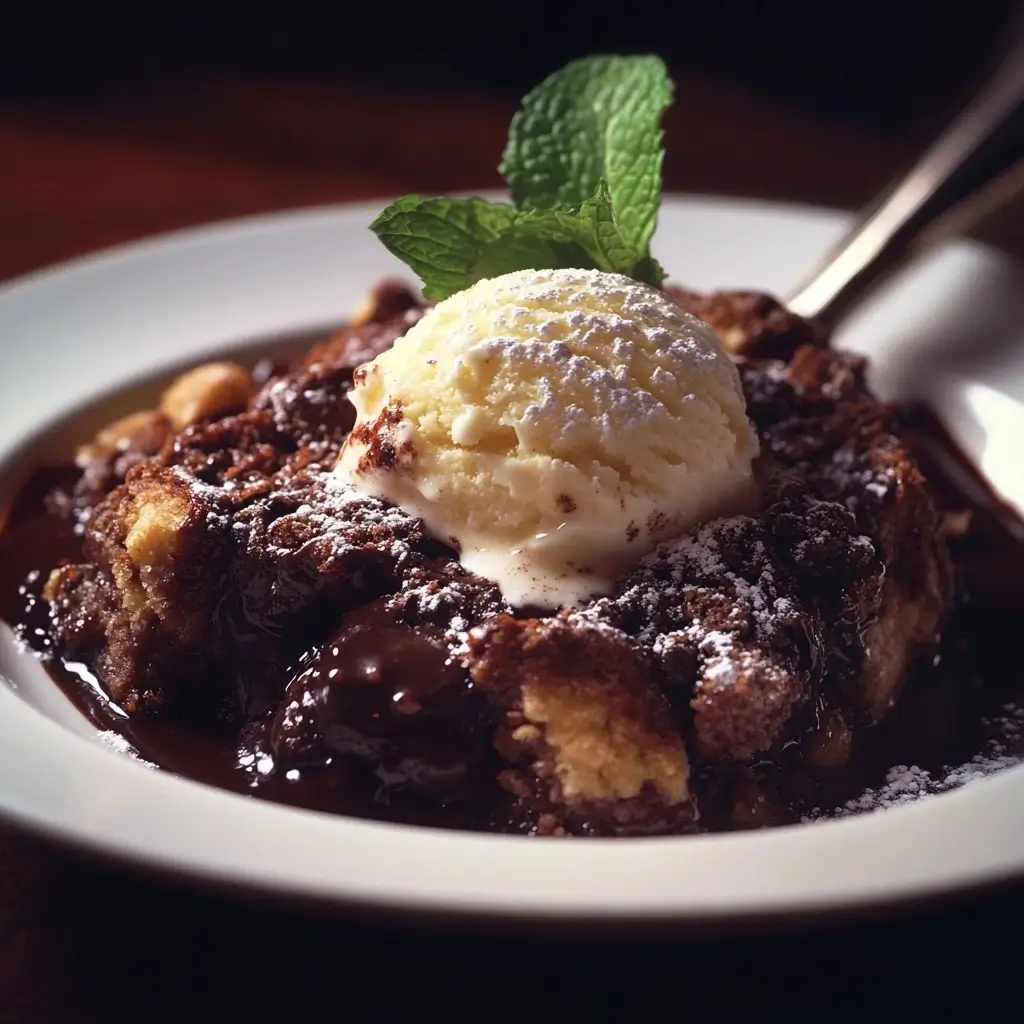 Close-up of a plated chocolate cobbler topped with melting vanilla ice cream, garnished with mint leaves and powdered sugar