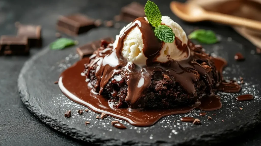 A plated chocolate cobbler topped with vanilla ice cream and garnished with fresh mint leaves