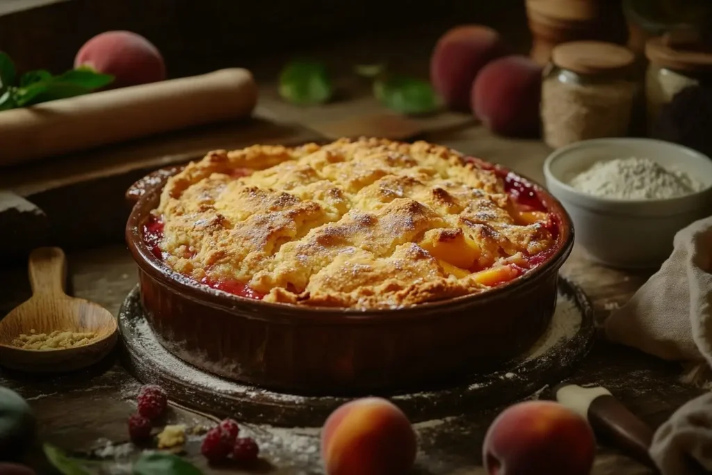 A freshly baked cobbler in a rustic ceramic dish with a golden-brown biscuit topping and hints of juicy fruit filling, surrounded by fresh peaches and berries on a wooden table.