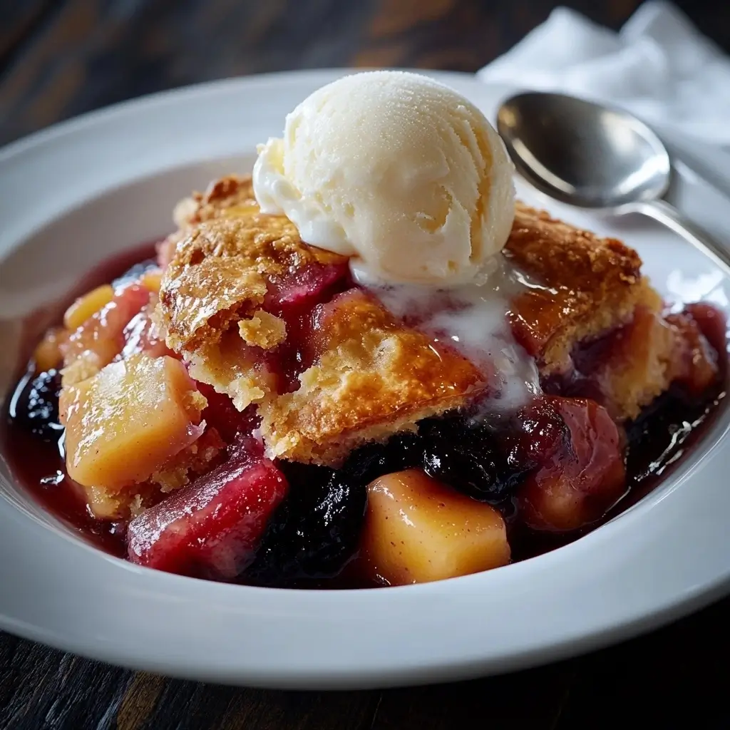 A slice of cobbler served on a white plate, topped with a melting scoop of vanilla ice cream, alongside a spoon and napkin for a tempting dessert display